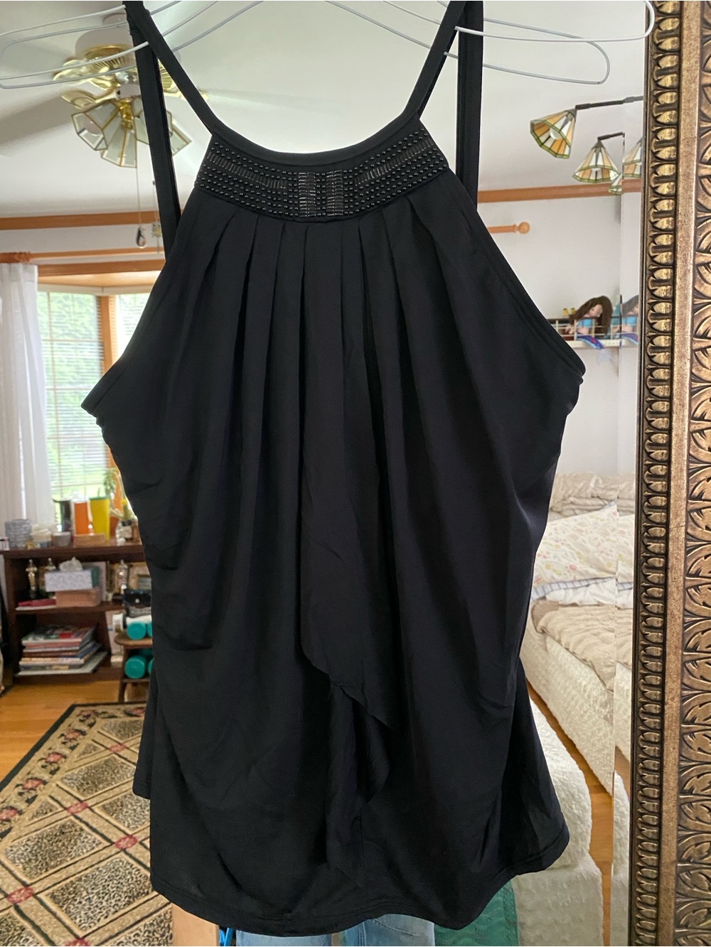 Carmen Marc Valvo Black Swimwear Top with Beaded Neckline